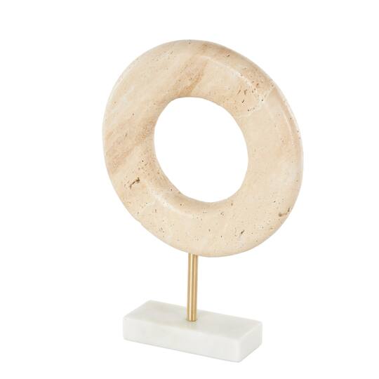 11.5" Cream Marble Geometric Textured Ring Decorative Sculpture with White Base & Gold Stand